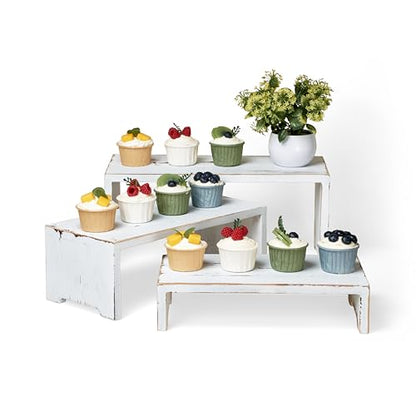 DAOYOUSKY Set of 3 Wooden Rustic Cupcake Stand for 24 Cupcakes, Stepped Wood Display Stand for Weddings, Tiered Party Buffet Table Display Nesting Riser for Food , Dessert, Cookie, Craft Show, White - color: White