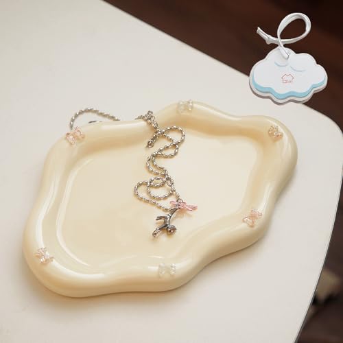 Jewelry Dish Trinket Tray for Women, Ring Dish Holder, Unique Cloud Shape Ceramic Plate Cute Things Vanity Aesthetic Room Decor Mother's Day Birthday (Bow Cream) - color: Bow Cream