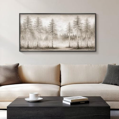 HUARCEY Metal Framed Textured Sandstone Wall Art 20"x40", Neutral Abstract Foggy Forest Landscape Canvas Print Large Modern Nature Birch Tree Painting Artwork for Living Room Bedroom Office - color: Sketched tree