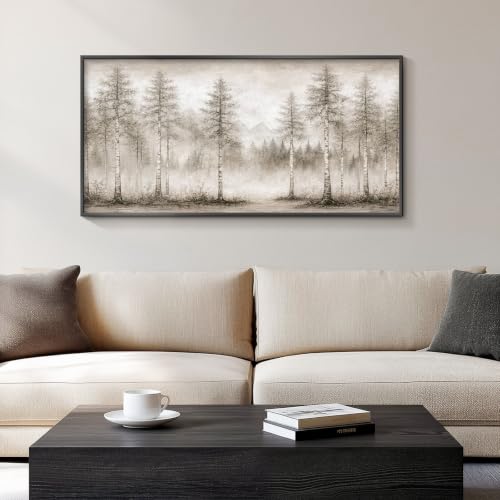 HUARCEY Metal Framed Textured Sandstone Wall Art 20"x40", Neutral Abstract Foggy Forest Landscape Canvas Print Large Modern Nature Birch Tree Painting Artwork for Living Room Bedroom Office - color: Sketched tree