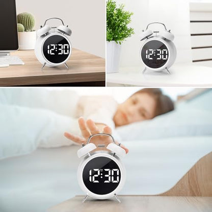 Digital Small Alarm Clock, 4.5 Inch Double Bell Electronic LED Alarm Clock - color: White
