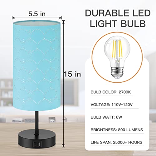 CINSARY Touch Control Bedside Lamp with 2 USB Ports, 3-Way Dimmable Table lamp for Bedroom, Nightstand Lamp with Round Blue Fabric Shade for Living Room Home Office (E26 LED Bulb Included) - color: Blue-15" H