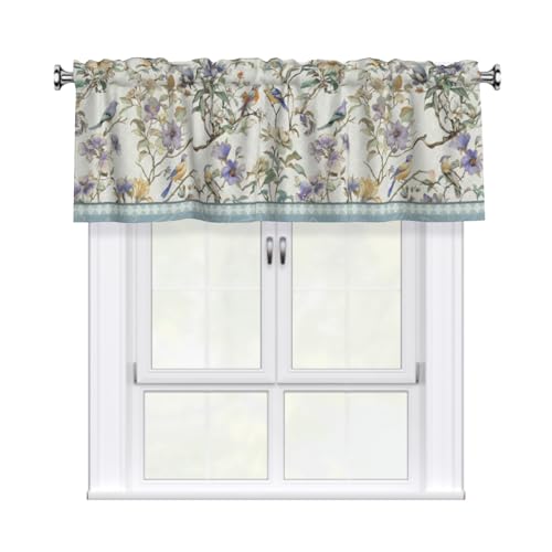 Giwawa Spring Floral Window Valances Blue Birds Flowers Blossom Valance Kitchen Curtains with Rod Pocket Window Treatment Short Curtain Panels for Bedroom Living Room Farmhouse 54" X 18" - color: Blue, size: 54"W x 18"L (Pack of 1)
