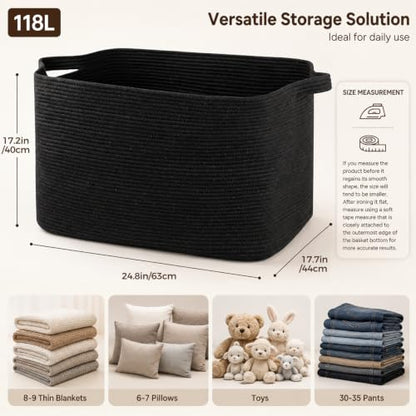 OIASKET 118L Extra Large Blanket Basket, 24.8" x 17.7" x 17.2" Woven Basket - color: Black, size: 24.8"x17.7"x16.2"