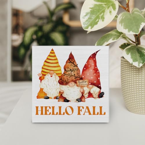 Fall Decor Hello Fall Wooden Box Sign Gnomes Fall Decorations Rustic Home Desk Shelf Tabletop Decor 5 x 5 Inches - color: Multicolor Gnome