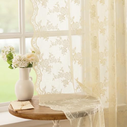 MEETSKY Lace Sheer Curtains 96 Inch Length Cream Floral Sheer Curtain - color: Light Yellow, size: 50"W x 96"L (Pack of 2)