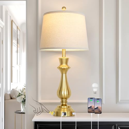 Cinkeda Touch lamp for Night Stands - 29.5" Tall Bedside Lamp with USB C+A, 3 Way Dimmable Bedroom Lamps, Gold Metal Table Lamps for Living Room, Single Gold - color: Gold-1P