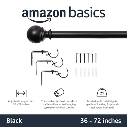 Amazon Basics Adjustable Curtain Rod for Windows with Round Finials, 1-Inch Rod, 36" to 72", Black, 1-Pack - color: Black, size: 36" to 72"