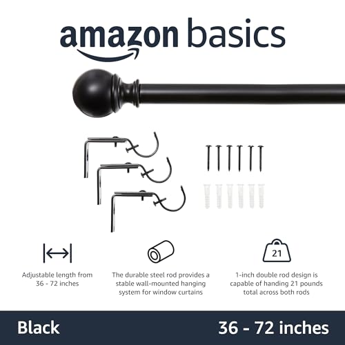 Amazon Basics Adjustable Curtain Rod for Windows with Round Finials, 1-Inch Rod, 36" to 72", Black, 1-Pack - color: Black, size: 36" to 72"