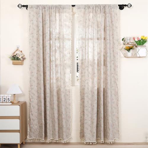1 Pair Floral Linen Curtains Rustic Country Style Light Filtering Rod Pocket Window Drapes Beige Tassels, 52" W x 72" L Little Grass and Flower on Beige - color: Little Grass & Flower, size: 52"W x 72"L (Pack of 2)