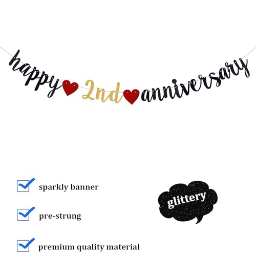 Happy 2nd Anniversary Party Banner, Black Glitter 2 Years Anniversary Garland, Wedding Banner Party Decorations (Pre-Strung)