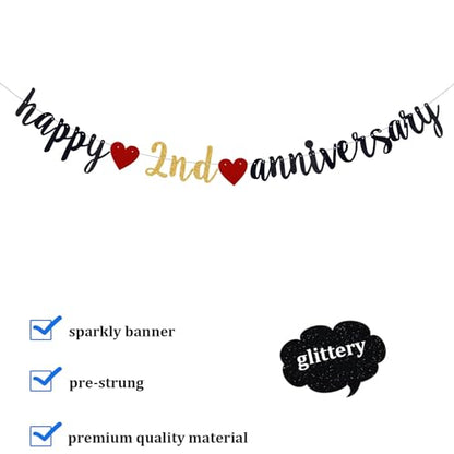 Happy 2nd Anniversary Party Banner, Black Glitter 2 Years Anniversary Garland, Wedding Banner Party Decorations (Pre-Strung)