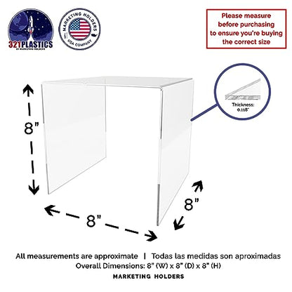 Marketing Holders 2 Pack Acrylic Riser Display Platform 8 Inch Wide Clear Square One Piece Lucite Retail Product Showcase Shelf Lifting Merchandising Pedestal Stand for Expos and Tradeshows - size: 8"W x 8"H