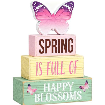 Spring Decoration Wooden Tiered Tray Decor – Butterfly Spring Stacked Block Sign with Floral Accents – Farmhouse Tabletop Spring Decor for Shelf Mantel Seasonal Home Display - style: Butterfly