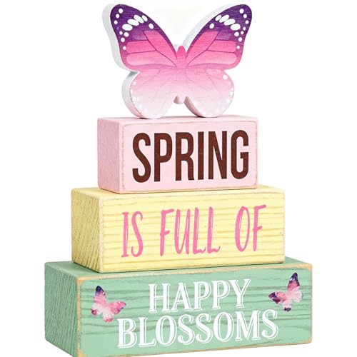 Spring Decoration Wooden Tiered Tray Decor – Butterfly Spring Stacked Block Sign with Floral Accents – Farmhouse Tabletop Spring Decor for Shelf Mantel Seasonal Home Display - style: Butterfly