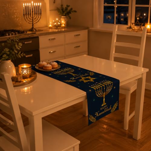 Hanukkah Decorations - Navy Blue Gold Hanukkah Table Runner - color: Navy Blue