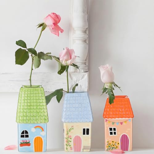 Remerry Mini Ceramic House Shape Vase Decorative Small Bud Vases, Green - color: Green