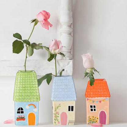 Remerry Mini Ceramic House Shape Vase Decorative Small Bud Vases, Green - color: Green