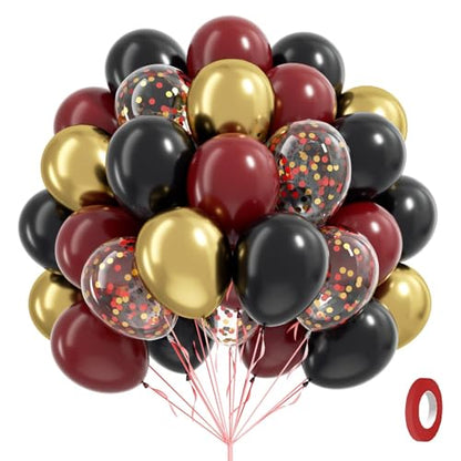 60pcs Black Burgundy and Gold Balloons 12inch with Confetti Balloons - color: Black Red Gold