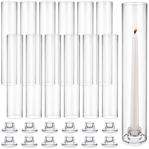 12 Set Glass Hurricane Candle Holders 11.8" Open Ended Glass Candleholder Tube Shape Bottomless and 2.1" Taper Clear Candlestick Holder Bulk for Wedding Party Table Centerpiece Home Decor (12, Clear)