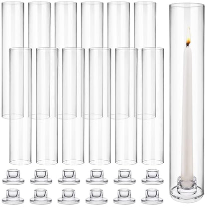 12 Set Glass Hurricane Candle Holders 11.8" Open Ended Glass Candleholder Tube Shape Bottomless and 2.1" Taper Clear Candlestick Holder Bulk for Wedding Party Table Centerpiece Home Decor (12, Clear)