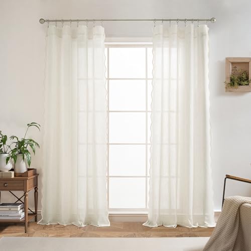 DriftAway Semi Sheer Scalloped Edge Linen Coastal Beach Window Curtains for Living Room Bedroom 2 Panels Rod Pocket Each Size 52 Inch by 84 Inch Taupe - color: Linen Taupe, size: 52"W x 84"L (Pack of 2)