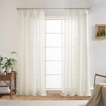 DriftAway Semi Sheer Scalloped Edge Linen Coastal Beach Window Curtains for Living Room Bedroom 2 Panels Rod Pocket Each Size 52 Inch by 84 Inch Taupe - color: Linen Taupe, size: 52"W x 84"L (Pack of 2)