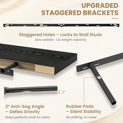 72 Inch Long Floating Shelves for Wall Set of 1, 12"D Wood Grain Shelves - color: Black, size: 72"Wx12"Dx2"H, 1P
