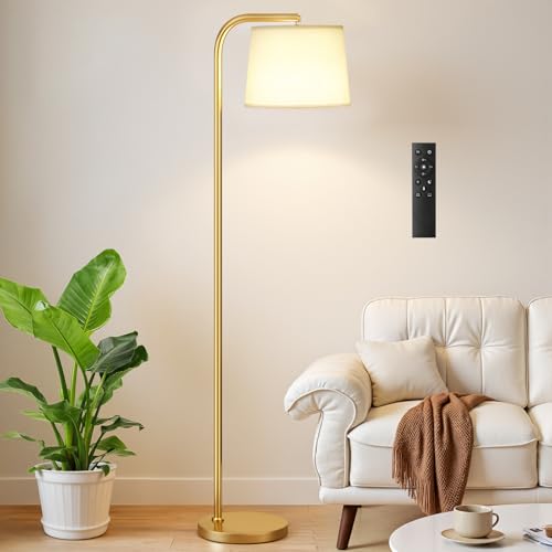 Ambimall Remote-Controlled Floor Lamp - Color Temperature Adjustable and Fully Dimmable, Standing Lamp for Living Room with Rotating Head, Tall Lamp for Bedroom, 9W Bulb Included (Gold and Beige) - color: P:Gold and Light Linen Beige(Remote)