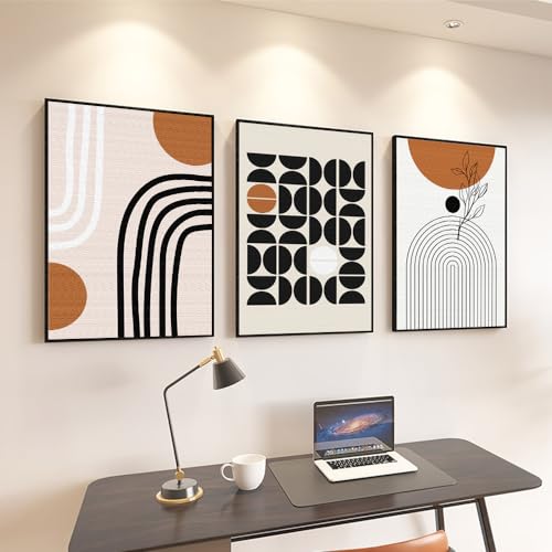 QKF 3Pcs Black Brown Boho Abstract Geometric Line Framed Canvas Wall Art - color: Brown Black And White, size: 16" X 24" X 3 pieces