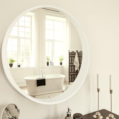 Round Oak Solid Wood Mirror, 24-Inch, White Narrow-Top Wide-Bottom Frame, Modern Decorative Makeup Mirror for Bathroom, Bedroom, Living Room(White, 24" x 24") - color: White(wide-bottom)