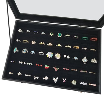 Women Ring Storage Box with 100 Slots & Clear Glass Lid - color: Black-100 rings