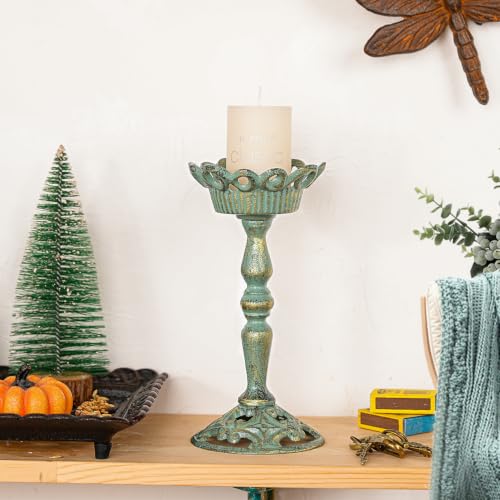 Sungmor Vintage Cast Iron Pillar Candle Holder, 8.5in Tall Vintage Green - color: Vintage Green