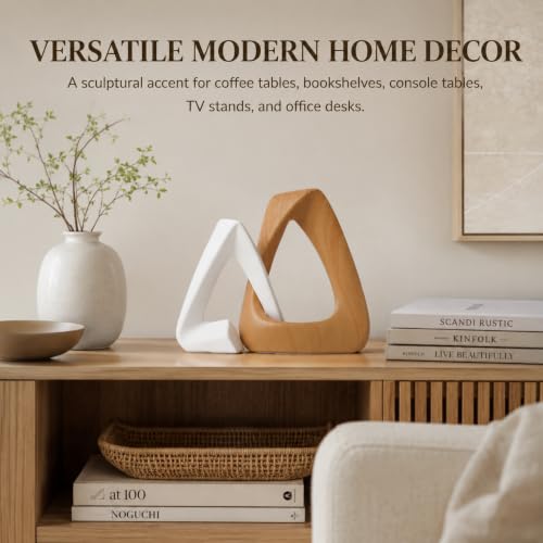 FUNTEREST Modern Abstract Sculpture Set of 2, White & Wood Grain Home Decor