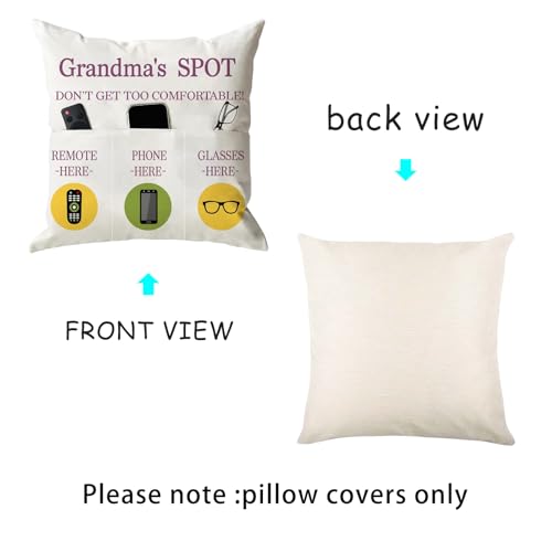 ONFAON Grandma Gifts, Grandma's Spot Throw Pillow Covers 18x18 Inch,Put Phone Glasses and Remote Control Pillowcase,Birthday Christmas Thanksgiving Day Gifts for Grandma Mom,3-Pocket - color: Grandma 3-pocket