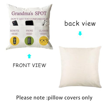 ONFAON Grandma Gifts, Grandma's Spot Throw Pillow Covers 18x18 Inch,Put Phone Glasses and Remote Control Pillowcase,Birthday Christmas Thanksgiving Day Gifts for Grandma Mom,3-Pocket - color: Grandma 3-pocket