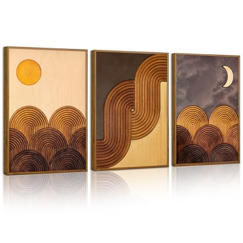 Tinonedraw Mid Century Modern Framed Canvas Wall Art Set, Boho Minimalist Geometric Arch Wall Decor, Bohemian Sun and Moon Art Paintings, Beige Brown Wooden Artwork for Living Room Bedroom 16"x24"x3 - color: Sun and Moon, size: 24"L x 16"W