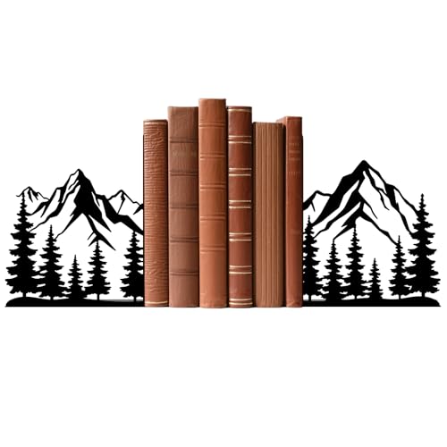 Metal Bookends Mountain Bookends Decorative Modern Book Ends for Shelves Bookshelf Home Office Desk Decorative Shelf Stoppers for Books Space-Saving Desk Organizer - color: Black - 1 Pair Mountain View