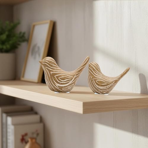 Small Ceramic Birds Statues for Home Decor, Boho Style, Wood-Look, 2PCS - color: Wood