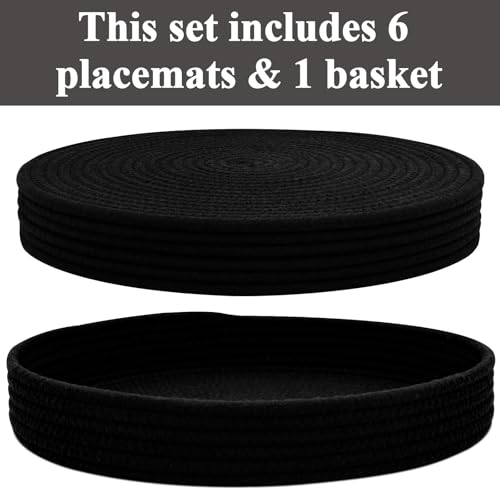Round Placemats Set of 6 with Holder, Cotton Rope Woven Place Mats, Hot Pads for Kitchen, Heat Resistant Table Mats, 13 Inch Farmhouse Washable Braided Placemat for Kitchen Decor (Black) - color: Black
