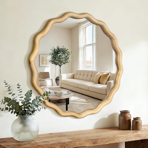 AMOISE Round Wavy Wall Mirror, 24" Circle Boho Scalloped Mirror - size: 24"L x 24"W