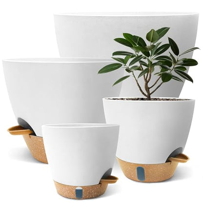 12/10/9/8 inch Self Watering Pots with Visual Water Window, Extra Large Self Watering Plant Pot with Drainage Holes and Saucers, White Flower Pots for Indoor Plants - color: White