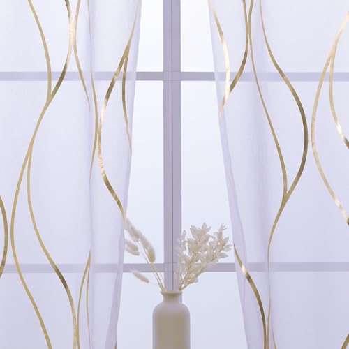L.Z.E Gold White Sheer Curtains 108 Inches Long 2 Panels Set for Living Room Bedroom See Through Sheer Curtains Grommet Top Transparent Sheers with Wave Pattern Extra Long - color: (Grommet) Gold Waves, size: 54"W x 108"L (Pack of 2)