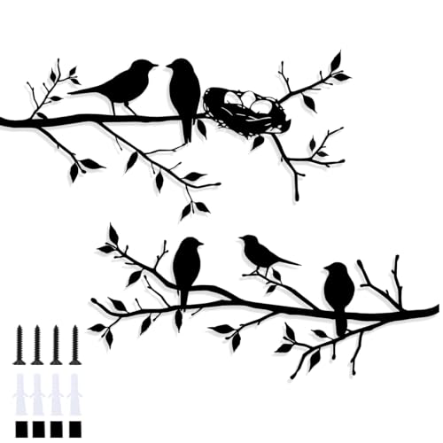 Metal Bird Wall Art Decor Set of 2, Black Metal Birds on Tree Branch Silhouette Wall Sculpture, Family Bird Nest Hanging Decor, Rustic Farmhouse Wall Decor for Fence Porch Garden Outdoor Decor, Housewarming Gift (Black B) - color: Black B