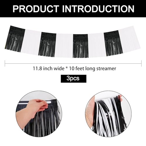 BEISHIDA Black White Fringe Garland Banner 30ft Wall Tinsel Foil Streamers - color: Black White