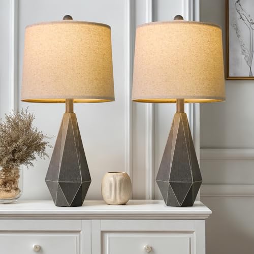 PoKat 23.5'' Farmhouse Table Lamps Set of 2, Rustic Nightstand Lamps for Bedroom, Classic Bedside Lamps for Living Room Office Sideboard with Linen Shade Distressed (Deep Grey) - color: Medium - Deep Grey