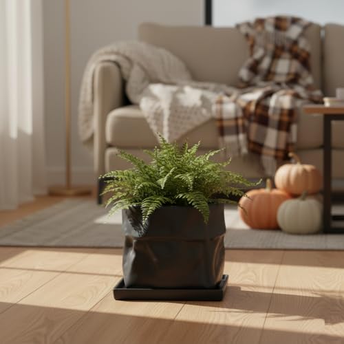 Nihow 8 Inch Ceramic Plant Pot with Drainage & Square Saucer,Black - color: Black, size: 8 Inch