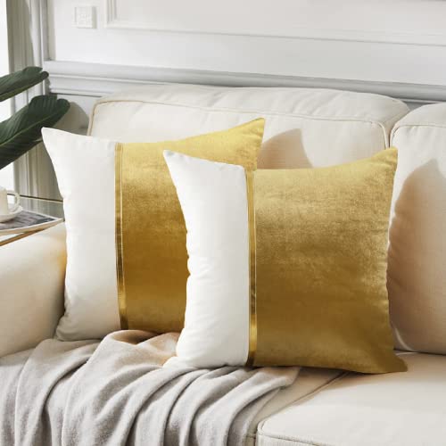 Fancy Homi 2 Packs Gold Decorative Throw Pillow Covers 20x20 Inch for Living Room Couch Bed, Velvet Patchwork with Gold Leather, Luxury Modern Farmhouse Home Decor, Accent Cushion Case 50x50 cm - color: Gold, size: 20" x 20" (Pack of 2)