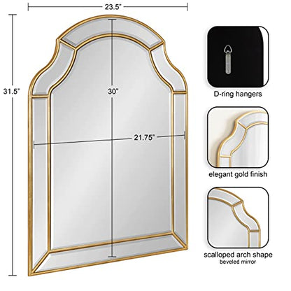 Kate and Laurel Pinchot Glam Arched Wall Mirror; 24 x 32; Gold; Sophisticated Scalloped Arch Mirror for Wall Decor with Overlay and Dimensional Design