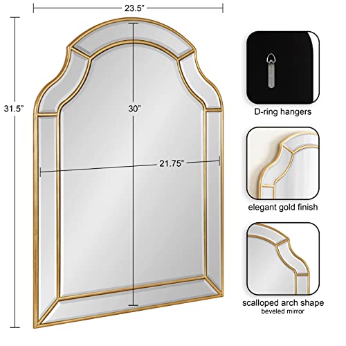 Kate and Laurel Pinchot Glam Arched Wall Mirror; 24 x 32; Gold; Sophisticated Scalloped Arch Mirror for Wall Decor with Overlay and Dimensional Design
